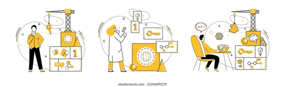 Structured thinking vector illustration. Logical mindset and knowledge are dynamic winds steering ship ideas The tapestry achievement is woven from threads structured thinking Innovation transforms