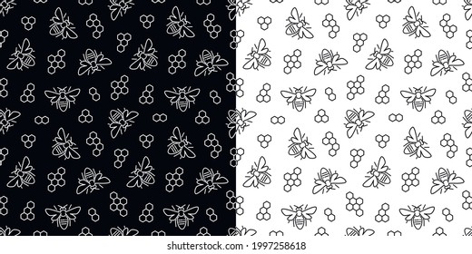 Structured vector pattern with bees and honeycombs. Black and white seamless background.