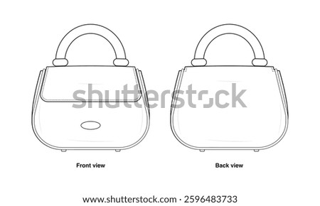 Structured Vintage Handbag Technical Fashion Illustration – Top Handle Purse Vector Template. Front and Back View. Classic Boxy Shape. Minimalist Aesthetic. Timeless Women’s Accessories. CAD Mockup.