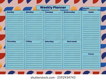 Structured weekly planner with checklist format, goal-setting, and focus sections on a vibrant geometric background.