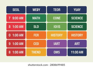A structured weekly school timetable template featuring colorful rectangular blocks for organizing daily subjects and time slots, isolated on a light background.