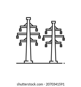 Structures, lattice tower and overhead power line isolated outline icon. Vector electricity pylon structure, steel lattice tower to support power line. Three-phase transmission towers powerlines