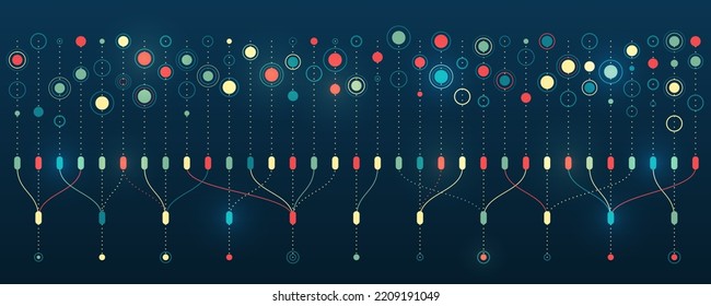 Strukturierung des Informationsflusses. Konzept der Datenanalyse. Sortieren einer großen Menge von Daten auf dunklem Hintergrund. Visualisierung großer Daten. Futuristische Netzwerk- oder Geschäftsanalyse.