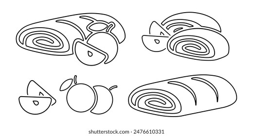 Strudel or apple roll line icon, black outline isolated on white. Whole uncut roll cake and sliced pieces. Vector clipart, minimalist design sign or logo of bakery, traditional dessert.