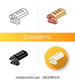 Strudel icon. Viennese apple strudel. Traditional Austrian pastry. European cuisine. Baked sweets with berries and cherries. Linear black and RGB color styles. Isolated vector illustrations