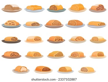 Strudel icons set cartoon vector. Apple food. Fruit bakery