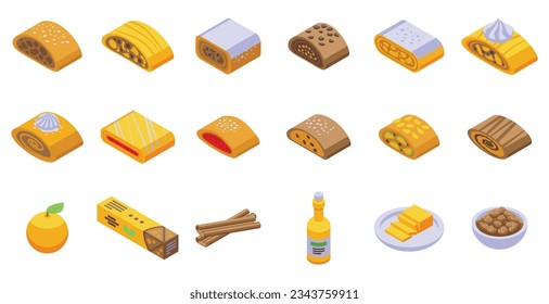 Strudel icons set isometric vector. Apple food. Chocolate bakery