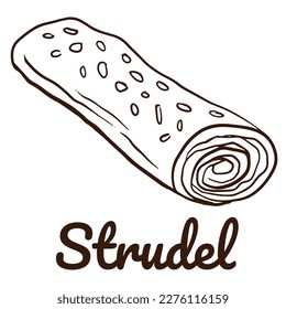 Strudel -  kind of roll homemade pastry. Doodle hand drawn illustration of pay for decoration of bakery products shop and menu.  Vector illustration.