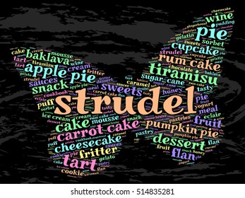 Strudel. Word cloud, butterfly, grunge background.  Food concept.