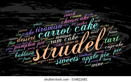 Strudel. Word cloud, grunge background. Food concept.