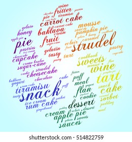 Strudel. Word cloud, rainbow wheel, gradient blue background. Food concept.