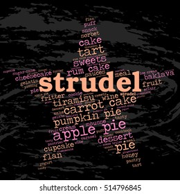 Strudel. Word cloud, star, grunge background. Food for celebrities.