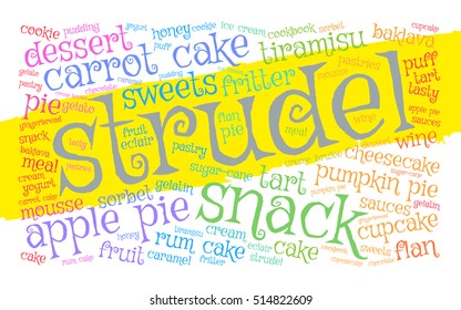 Strudel. Word cloud, yellow stripe, white background. Food concept.