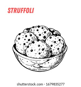 Dibujo de Struffoli. Ilustración vectorial de postre italiano. Dibujo italiano con dibujos a mano dulce.  Plantilla de diseño de época.