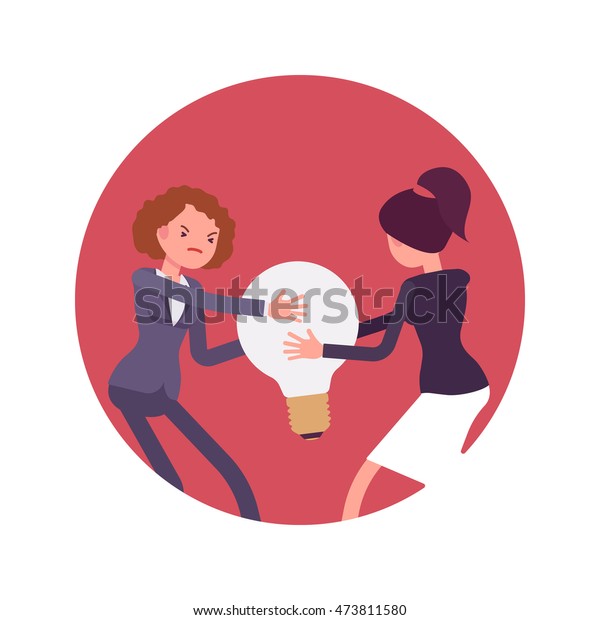 Struggle between women in a formal wear for\
a lamp bulb against red circle background. Cartoon vector\
flat-style concept\
illustration