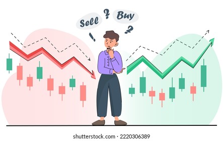 struggle of bullish and bearish trend, a man is thoughtful, sell or buy cryptocurrency. japanese candles and arrows, rising and falling prices, stock market illustration. stock exchange vector banner