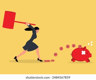 Struggle for business. Business woman chasing piggy bank