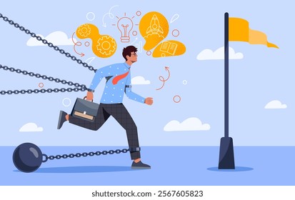 Struggle of businessman. Man with briefcase runs tied with chains. Entrepreneur overcomes difficulties. Corporate worker. Business problem and obstacles. Flat vector illustration