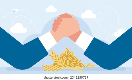 The struggle of corporations for grain. Businessmen compete for the wheat harvest. Business arm wrestling. Confronting the food crisis. Problem of food access to poor countries. Vector illustration