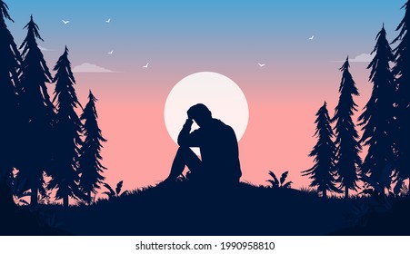 Struggle with depression - Man sitting alone contemplating and overthinking late at night outdoors. Mental health and sadness concept. Vector illustration.