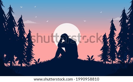 Struggle with depression - Man sitting alone contemplating and overthinking late at night outdoors. Mental health and sadness concept. Vector illustration.