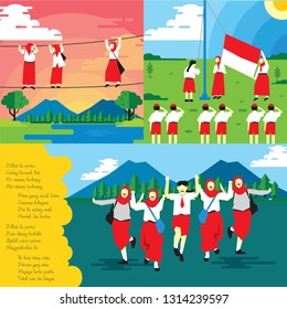 the struggle of elementary school children going to school over the rope bridge. the spirit of school children in a flag ceremony on a sunny field. The child's sparkling kid's time back home. 