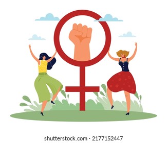 Struggle for equality. Women rights poster, freedom and independence, fist raised up in protest, female symbol. People unity and solidarity. Vector cartoon flat feminist protest concept