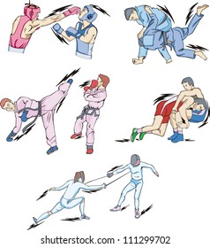 Struggle and Fighting Sports: Boxing, Judo, Taekwondo, Fencing, Freestyle and Greco-Roman Wrestling. Set of color vector illustrations.