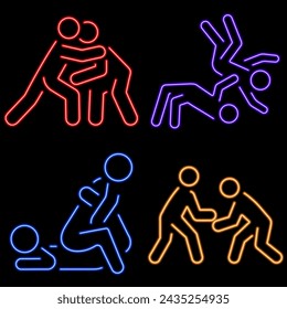 struggle group of neon icons, vector illustration on black background.