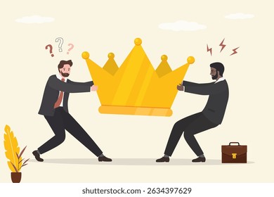 Struggle for influence, leadership. Angry businessmen pulling golden crown, job promotion position. Staff conflict or fighting for job promotion or jealousy colleague concept. flat vector illustration
