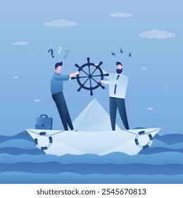 Lucha por el liderazgo, conflicto empresarial. Los hombres de negocios luchan por el timón del barco. Problema de relaciones en empresa o corporación. Personas quieren convertirse en jefe o líder. Ilustración vectorial plana