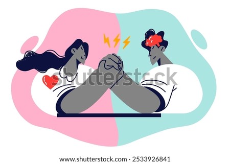 Struggle for leadership in relationship between man and woman arguing about importance of intellect and feelings. Progmatic guy and romantic girl are in conflict, having communication problems