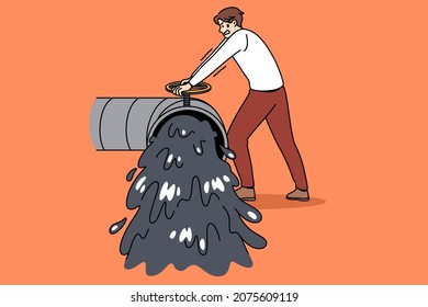 Struggle with oil trash concept. young stressed man standing trying to close pipe with running black oil products garbage from it vector illustration 