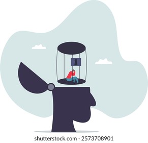 Struggle prison mind, fixed mindset trapped inside psychology, stressed anxiety or overworked, slavery, despair prisoner or depression.business concept.flat character.