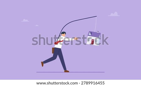 Struggling of first time home buyers concept. Businessman running after an unobtainable home.
