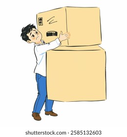 A struggling Illustration of Figure Character trying to lift an oversized box, bringing exaggerated humor to work and daily life illustrations.