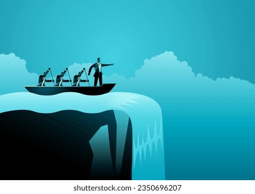 Struggling leader guides his subordinates toward a waterfall. This illustration highlights the poor leadership decisions