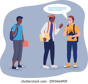 Struggling to make friends in college 2D vector isolated illustration. Schoolboy being ignored by classmates flat characters on cartoon background. Failed social interaction colourful scene