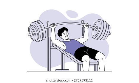 Struggling Man Doing Bench Press Exercise at Gym, Intense Workout for Muscle Building and Strength Training