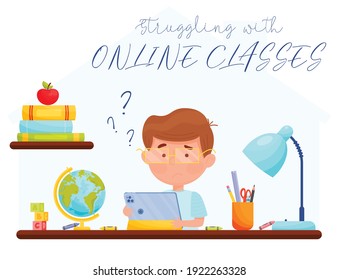 Struggling with online classes. Confused boy during online classes. Remote learning concept. vector illustration.