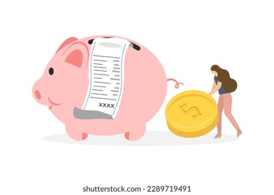 A woman’s struggling to pay shopping bill, flat design of money management vector, flat design of a woman with long shopping list vector, flat design of money saving in piggy bank vector.