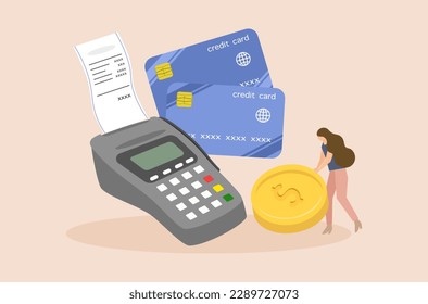 A woman’s struggling to pay shopping bill, flat design of money management vector, flat design of a woman with long shopping list vector,  woman’s struggling to pay credit card bill vector.