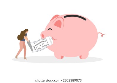 A woman’s struggling to pay shopping bill, flat design of money management vector, flat design of a woman with long shopping list vector,  woman’s struggling to pay bill vector. Budget planning vector