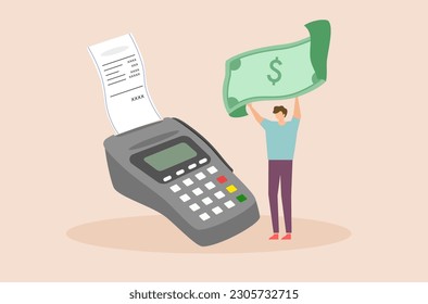 A man’s struggling to pay shopping bill, flat design of money management vector, flat design of a man with long shopping list vector,  man’s struggling to pay bill vector. Budget planning vector