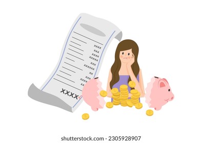 A woman’s struggling to pay shopping bill, flat design of money management vector, flat design of a woman with long shopping list vector,  woman’s struggling to pay bill vector. Budget planning vector
