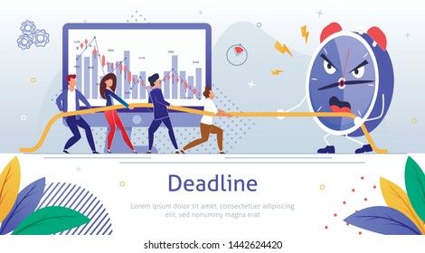 Struggling with Project Deadline Flat Vector Banner Template with Businesspeople, Company Employees Team Pulling Rope Against Angry Alarm Clock, Fighting to Finish Work Before Deadline Illustration