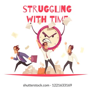 Struggling with time design concept with angry cartoon face of alarm clock and people hurrying to work vector illustration
