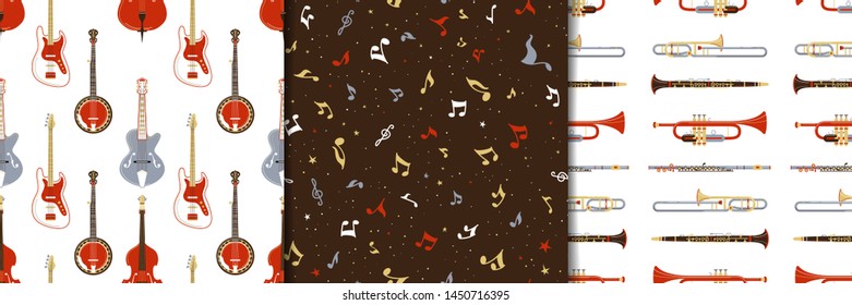 Strumming and brass instruments and notes seamless pattern. Electric guitar, banjo, flute, trumpet texture. Modern, classical, jazz music equipment. Music festival, live performance, rock concert