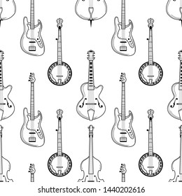 Strumming instruments hand drawn outline seamless pattern. Guitar, banjo, cello texture. Black contour string instruments on white background. Music festival, jazz performance wrapping paper design