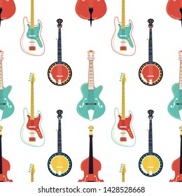 Strumming music instruments vector seamless pattern. Electric guitar, banjo, cello texture. String instruments wallpaper. Classical orchestra performance, rock concert, music festival background